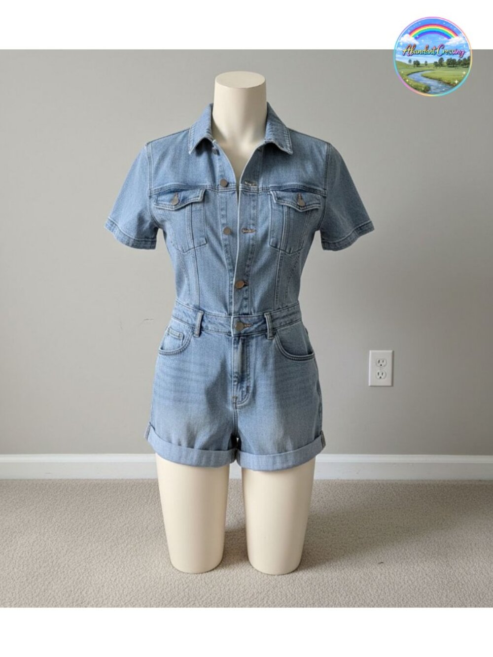 QJBMEI Women's Baggy Vintage Distressed Short Denim Jumpsuit Short Sleeve